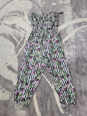 Brand New Love By Chesley White Striped Floral Strapless Jumpsuit Size XL